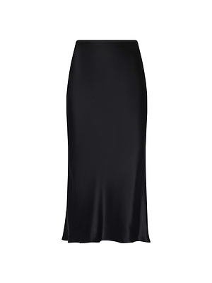 The Perin Silk Midi Skirt is black, high-waisted, and midi-length, made from lustrous satin with a straight silhouette. It's showcased against a white background.