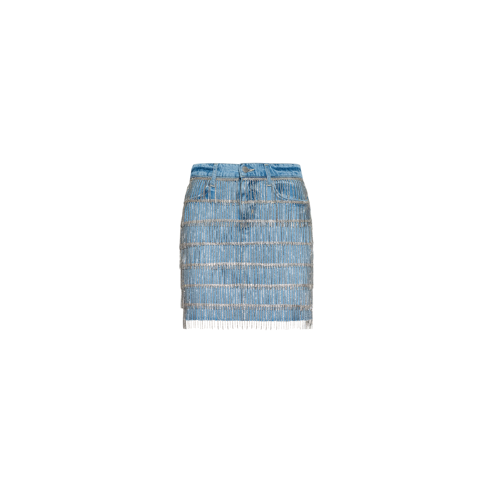 Jolene Embellished Mini Skirt in blue denim, featuring multiple rows of sparkling crystal fringe, displayed on a plain white background.