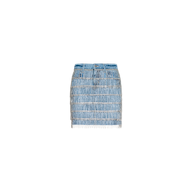 Jolene Embellished Mini Skirt in blue denim, featuring multiple rows of sparkling crystal fringe, displayed on a plain white background.