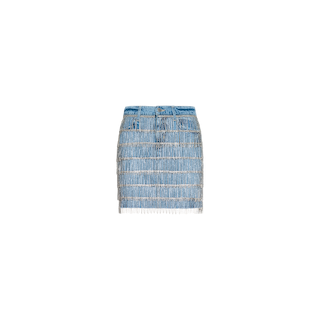 Jolene Embellished Mini Skirt in blue denim, featuring multiple rows of sparkling crystal fringe, displayed on a plain white background.