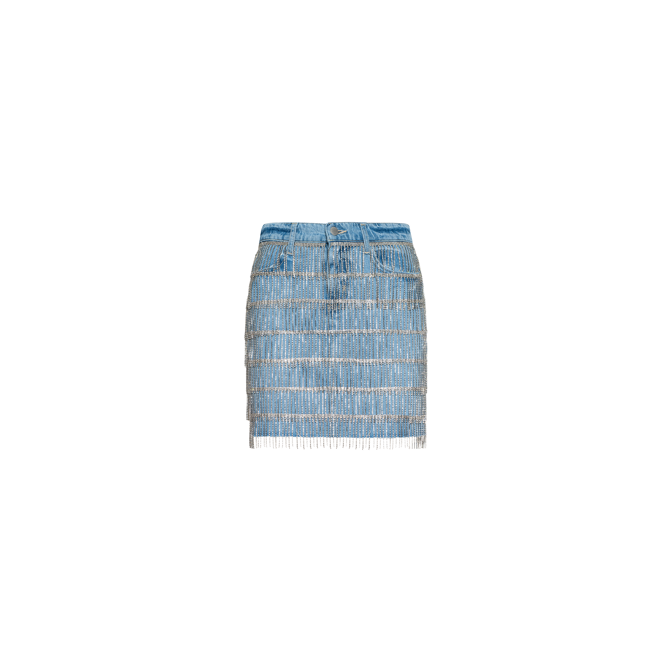 Jolene Embellished Mini Skirt in blue denim, featuring multiple rows of sparkling crystal fringe, displayed on a plain white background.