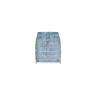 The Jolene Embellished Mini Skirt in blue features rows of shimmering crystal fringe detailing and is displayed on a plain white background.