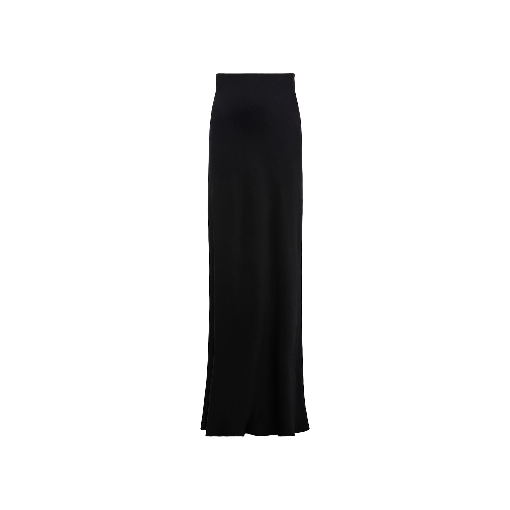 The Zeta Satin Maxi Skirt is a long, high-waisted black maxi skirt made from smooth, flowing fabric and designed in a bias-cut satin style, shown against a plain white background.