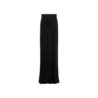 The Zeta Satin Maxi Skirt is a long, high-waisted black maxi skirt made from smooth, flowing fabric and designed in a bias-cut satin style, shown against a plain white background.