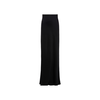 The Zeta Satin Maxi Skirt is a long, high-waisted black maxi skirt made from smooth, flowing fabric and designed in a bias-cut satin style, shown against a plain white background.