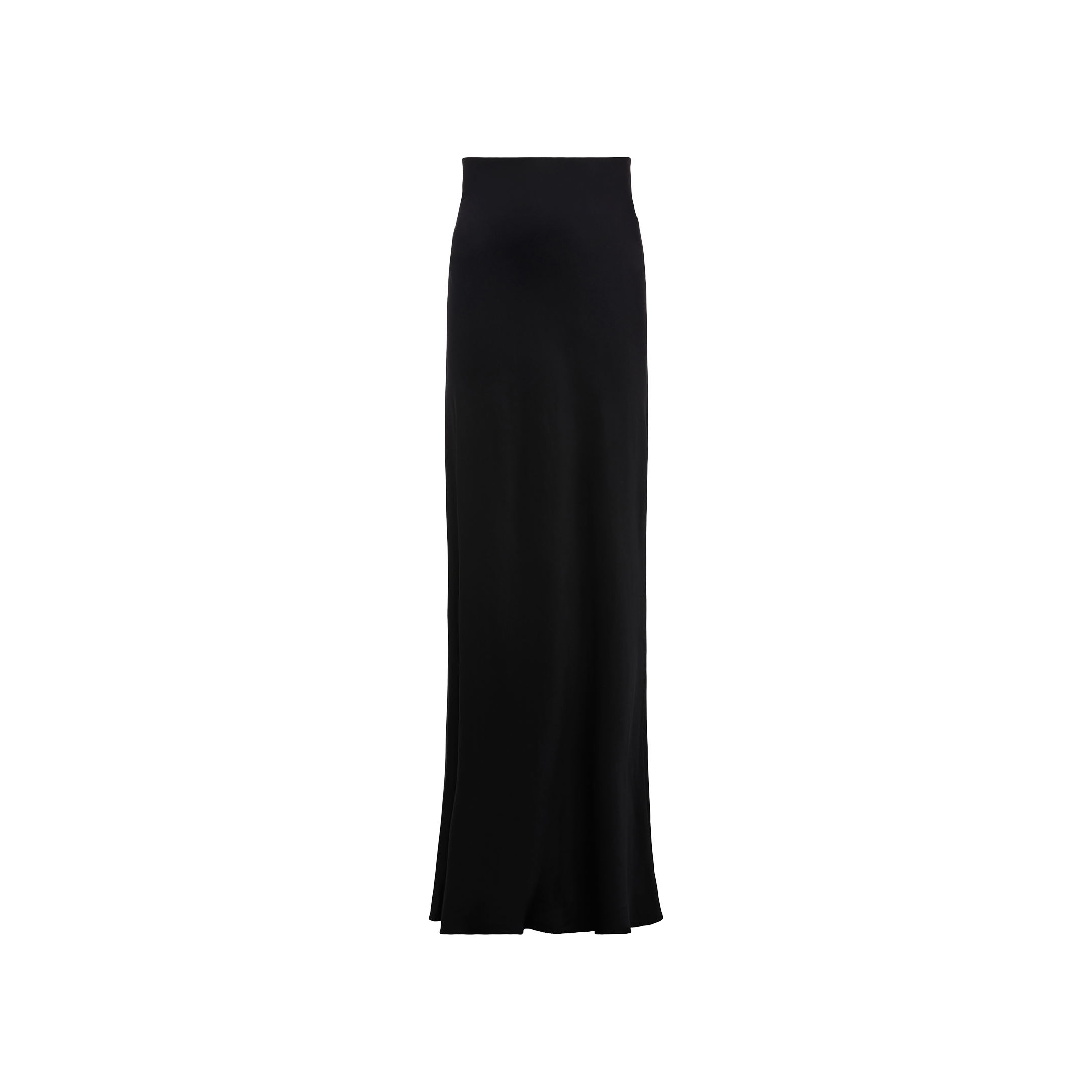 The Zeta Satin Maxi Skirt is a long, high-waisted black maxi skirt made from smooth, flowing fabric and designed in a bias-cut satin style, shown against a plain white background.