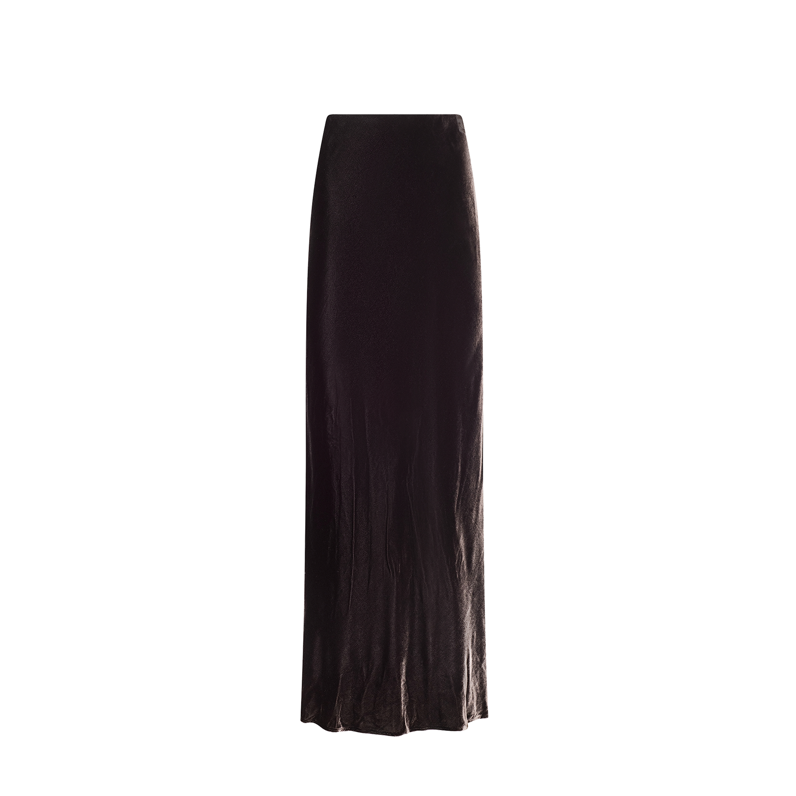 The Zeta Velvet Maxi Skirt, featuring a high waist and a smooth, slightly flowing silhouette in luxurious black velvet, is perfect for a minimalist wardrobe and is displayed against a plain white background.