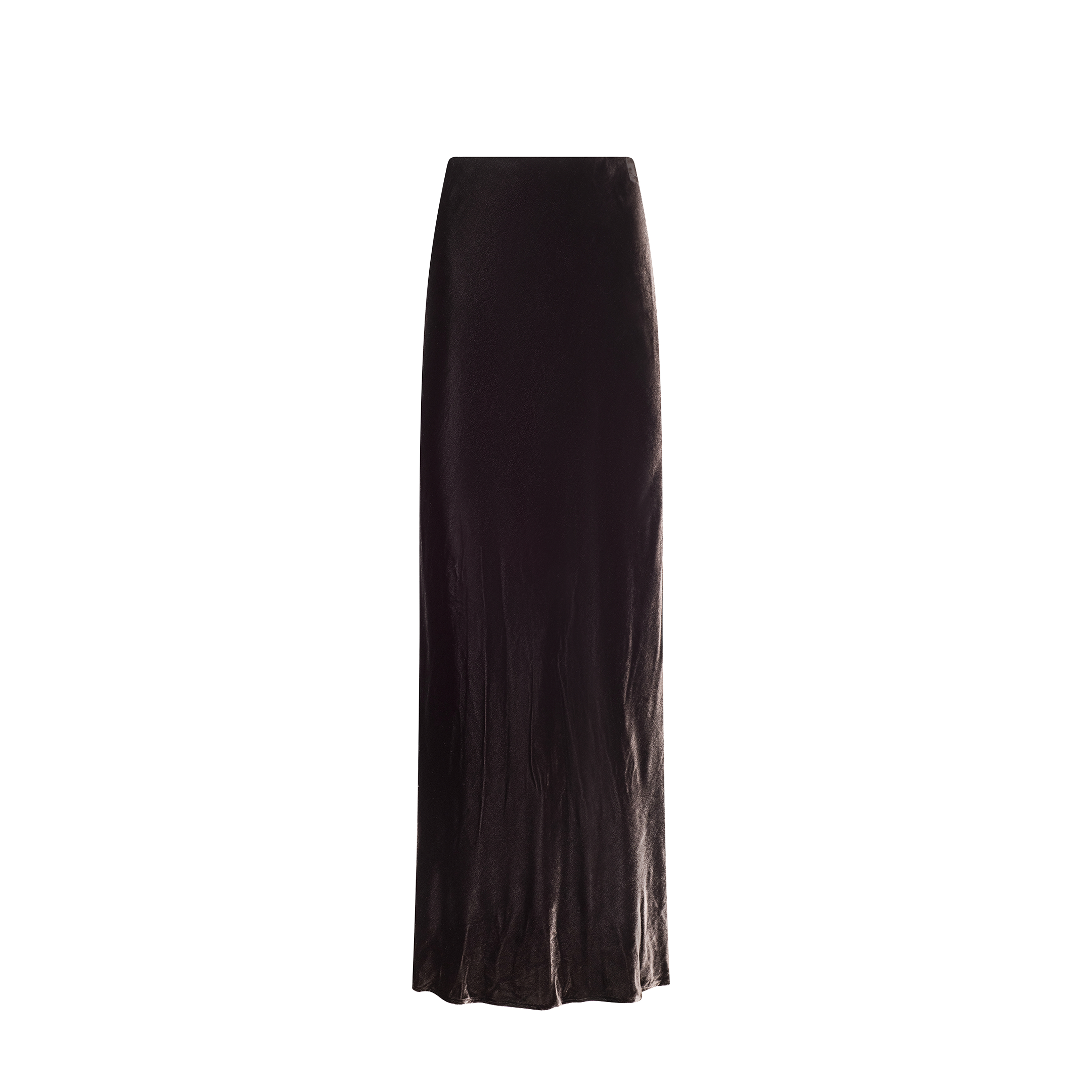 The Zeta Velvet Maxi Skirt, featuring a high waist and a smooth, slightly flowing silhouette in luxurious black velvet, is perfect for a minimalist wardrobe and is displayed against a plain white background.