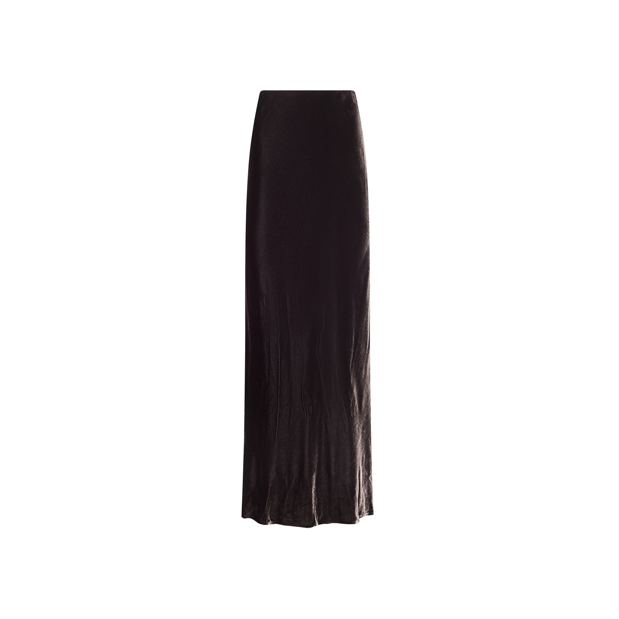 The Zeta Velvet Maxi Skirt is a minimalist, high-waisted black velvet skirt with a subtle sheen, showcased against a plain white background.