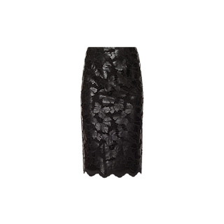 The Royal Pencil Skirt, crafted from black vegan leather, features a knee-length silhouette with a textured floral pattern and a scalloped hem, showcased against a plain white background.