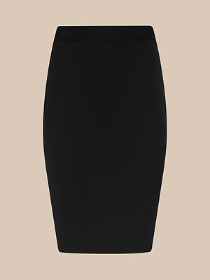 The Olyvia Pencil Skirt, shown on a beige background, is a plain black, high-waisted pencil skirt made from stretch suit fabric with a fitted, waist-flattering silhouette and knee-length cut.