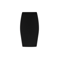 The Olyvia Pencil Skirt is displayed against a white background. Crafted from stretch suit fabric, this skirt is knee-length with a curve-skimming fit and tailored silhouette, featuring no visible patterns, buttons, or embellishments.
