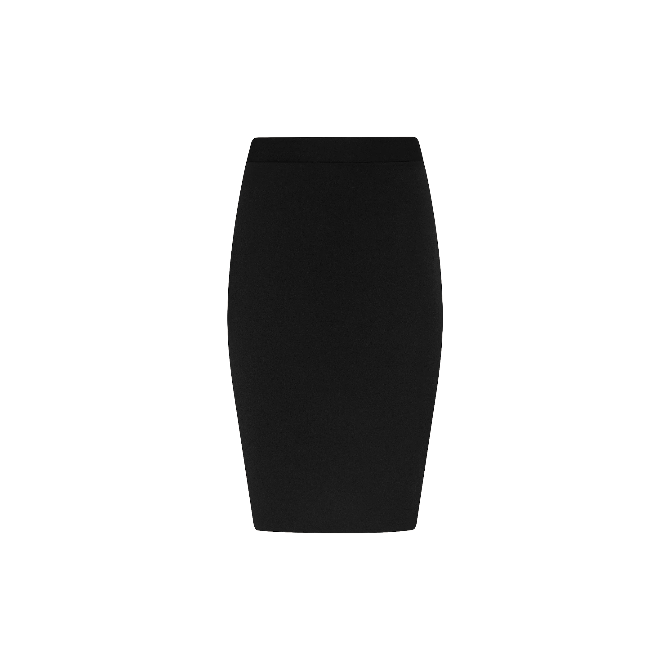The Olyvia Pencil Skirt is displayed against a white background. Crafted from stretch suit fabric, this skirt is knee-length with a curve-skimming fit and tailored silhouette, featuring no visible patterns, buttons, or embellishments.