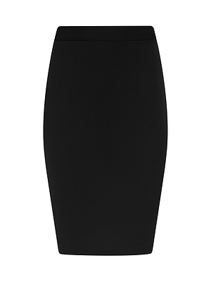 The Olyvia Pencil Skirt by L'AGENCE is a knee-length, high-waist skirt in black stretch suiting, tailored for a curve-skimming fit and shown against a white background.
