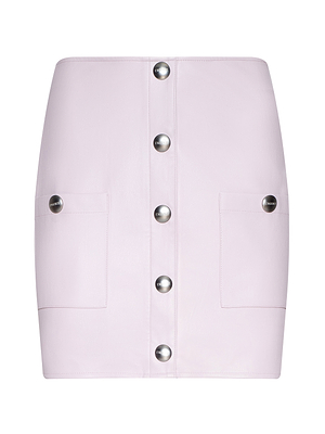 The Truman Vegan Leather Mini Skirt comes in light pink icy lilac, with large silver snap buttons down the center and two front patch pockets featuring matching button details.