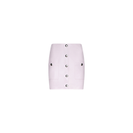 The Truman Vegan Leather Mini Skirt in light pink features front button closure, two large front pockets, and silver circular buttons, displayed on a plain white background.