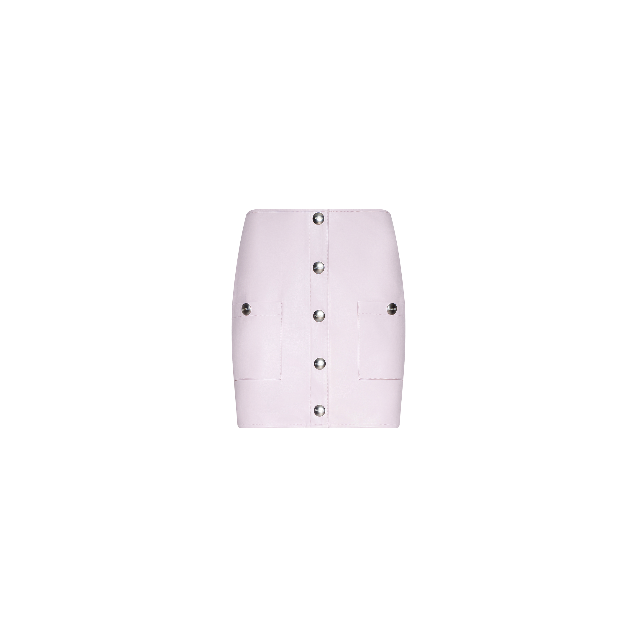 The Truman Vegan Leather Mini Skirt in light pink features front button closure, two large front pockets, and silver circular buttons, displayed on a plain white background.