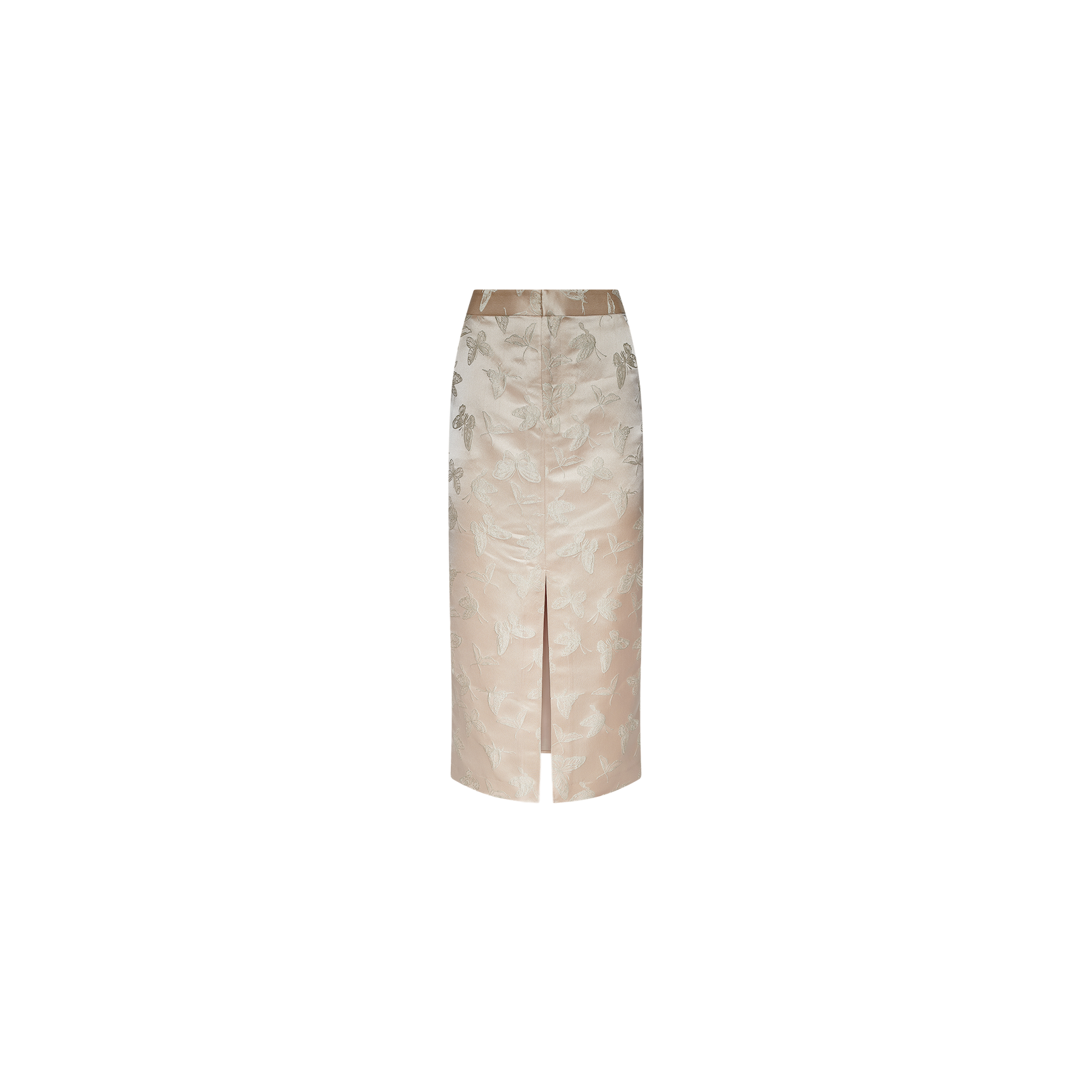 The Madonna Midi Skirt features a beige and light gray satin jacquard fabric, designed with a high waist and a front slit, showcased against a plain white background.