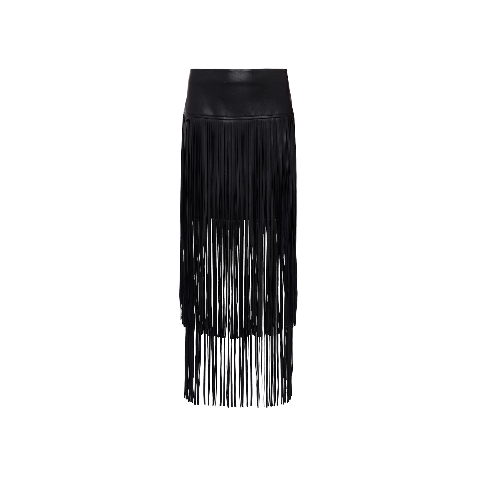 The Karolina Fringe Skirt by L’AGENCE is a black vegan leather midi skirt featuring dramatic long, vertical fringe details that create a see-through effect from mid-thigh to hem. Presented against a plain white background, this striking piece makes a bold statement.