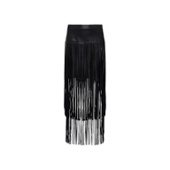 The Karolina Fringe Skirt by L’AGENCE is a black vegan leather midi skirt featuring dramatic long, vertical fringe details that create a see-through effect from mid-thigh to hem. Presented against a plain white background, this striking piece makes a bold statement.