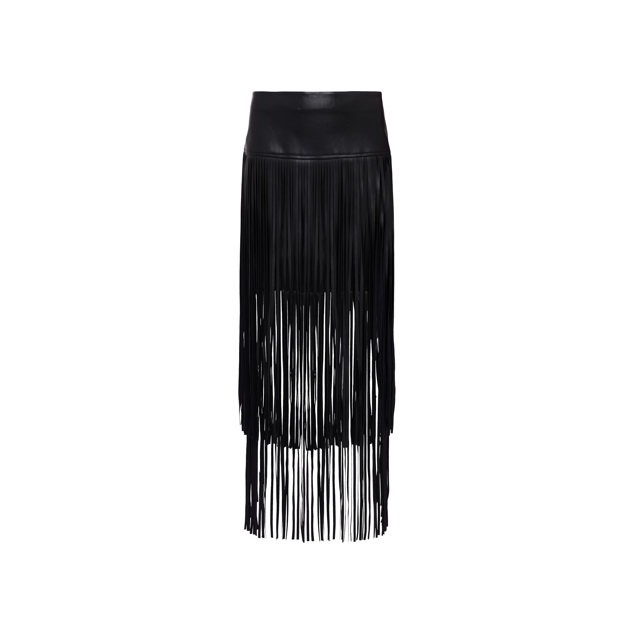 The Karolina Fringe Skirt by L’AGENCE is a black vegan leather midi skirt featuring dramatic long, vertical fringe details that create a see-through effect from mid-thigh to hem. Presented against a plain white background, this striking piece makes a bold statement.