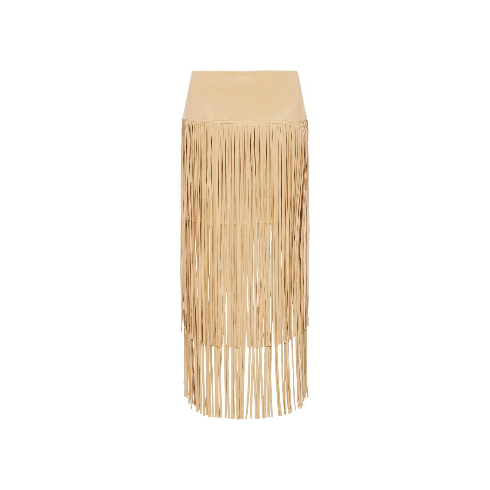 The Karolina Fringe Skirt is a beige mini skirt adorned with long, thin fringe strands that cascade from the waist to below the knees, creating a bold statement piece. It is shown against a plain white background.