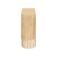 The Karolina Fringe Skirt is a beige mini skirt adorned with long, thin fringe strands that cascade from the waist to below the knees, creating a bold statement piece. It is shown against a plain white background.