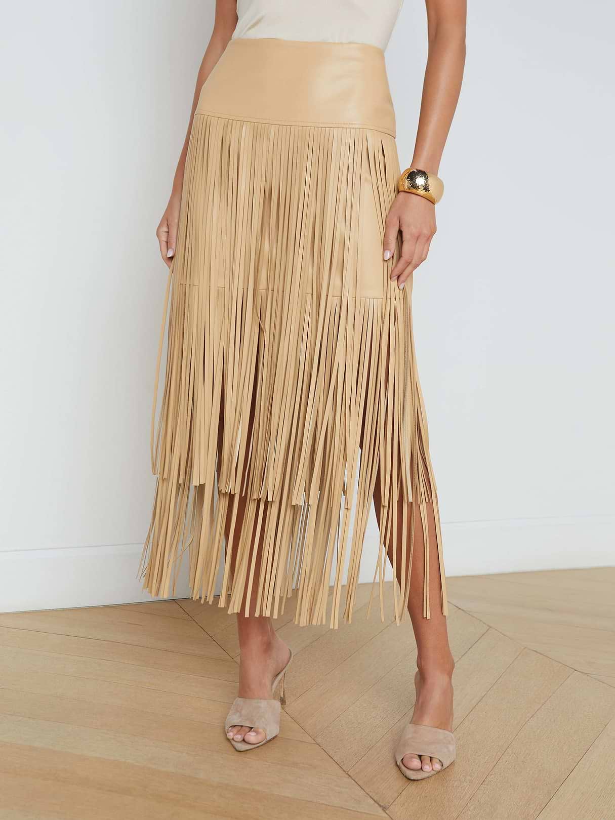 スカート L'appartement/A Line Fringe Hem Skirt Karolina Vegan Leather Fringe Skirt in Croissant | L'AGENCE