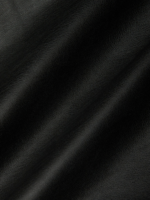 Close-up of smooth, black vegan leather with subtle folds and a soft sheen highlights the texture and natural grain—making the Milann Vegan Leather Skirt perfect for a chic pencil or classic midi look.