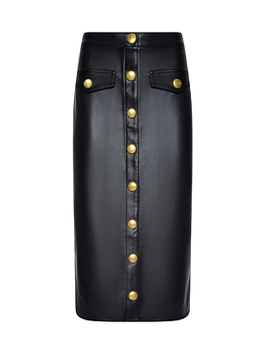 The Milann Vegan Leather Skirt is a high-waisted black pencil skirt with a front button-down closure, large gold buttons, and two front flap pockets accented with gold buttons.
