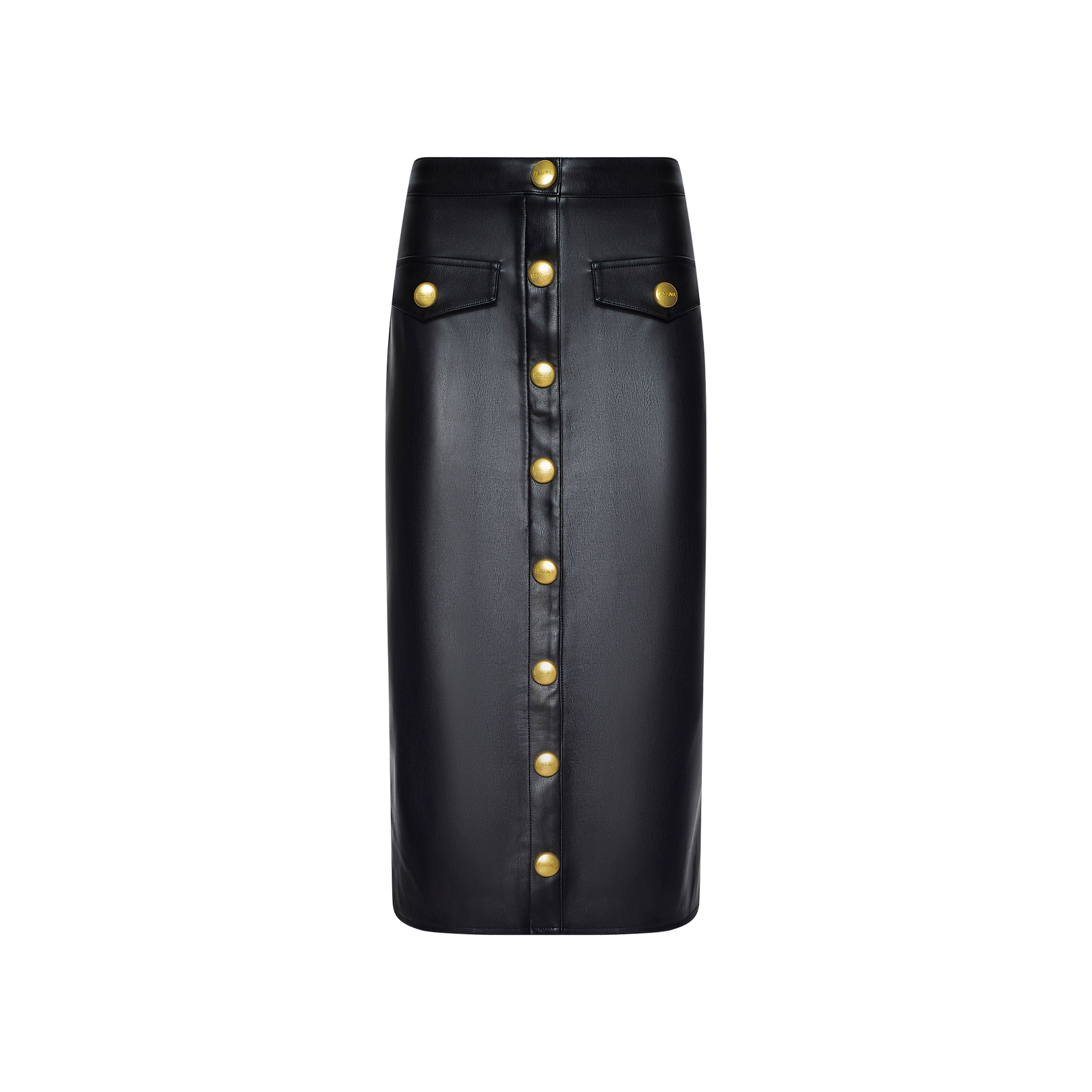 The Milann Vegan Leather Skirt is a black, high-waisted midi skirt featuring large gold buttons down the front and two front flap pockets, displayed against a plain white background.