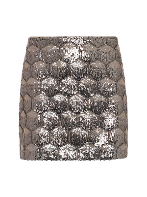 The Leroy Sequin Mini Skirt by L'AGENCE features a metallic, high-waisted silhouette with geometric hexagon sequins for a shimmering, reflective look—ideal for nights out. Fitted design with no visible fastenings or extra embellishments.