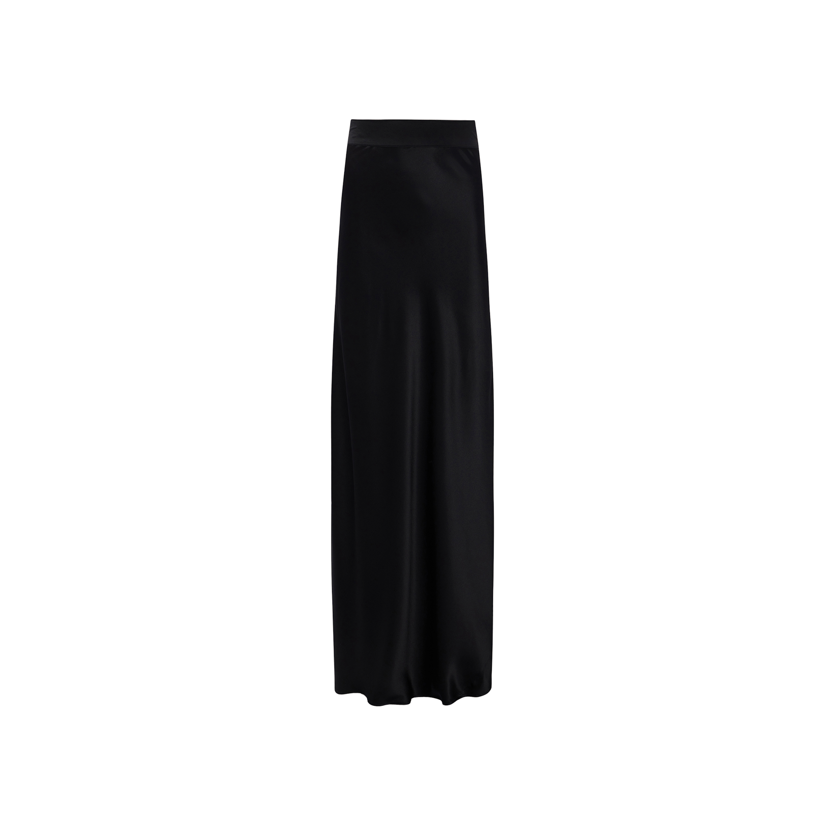 The Ryker Silk Maxi Skirt, a long black high-waisted design with a straight silhouette, exudes minimalist sophistication against a plain white background.