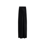 The Ryker Silk Maxi Skirt, a long black high-waisted design with a straight silhouette, exudes minimalist sophistication against a plain white background.