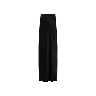 The Ryker Silk Maxi Skirt—a long, high-waisted black silk skirt with a smooth, lustrous finish—exudes minimalist sophistication, displayed against a plain white background.