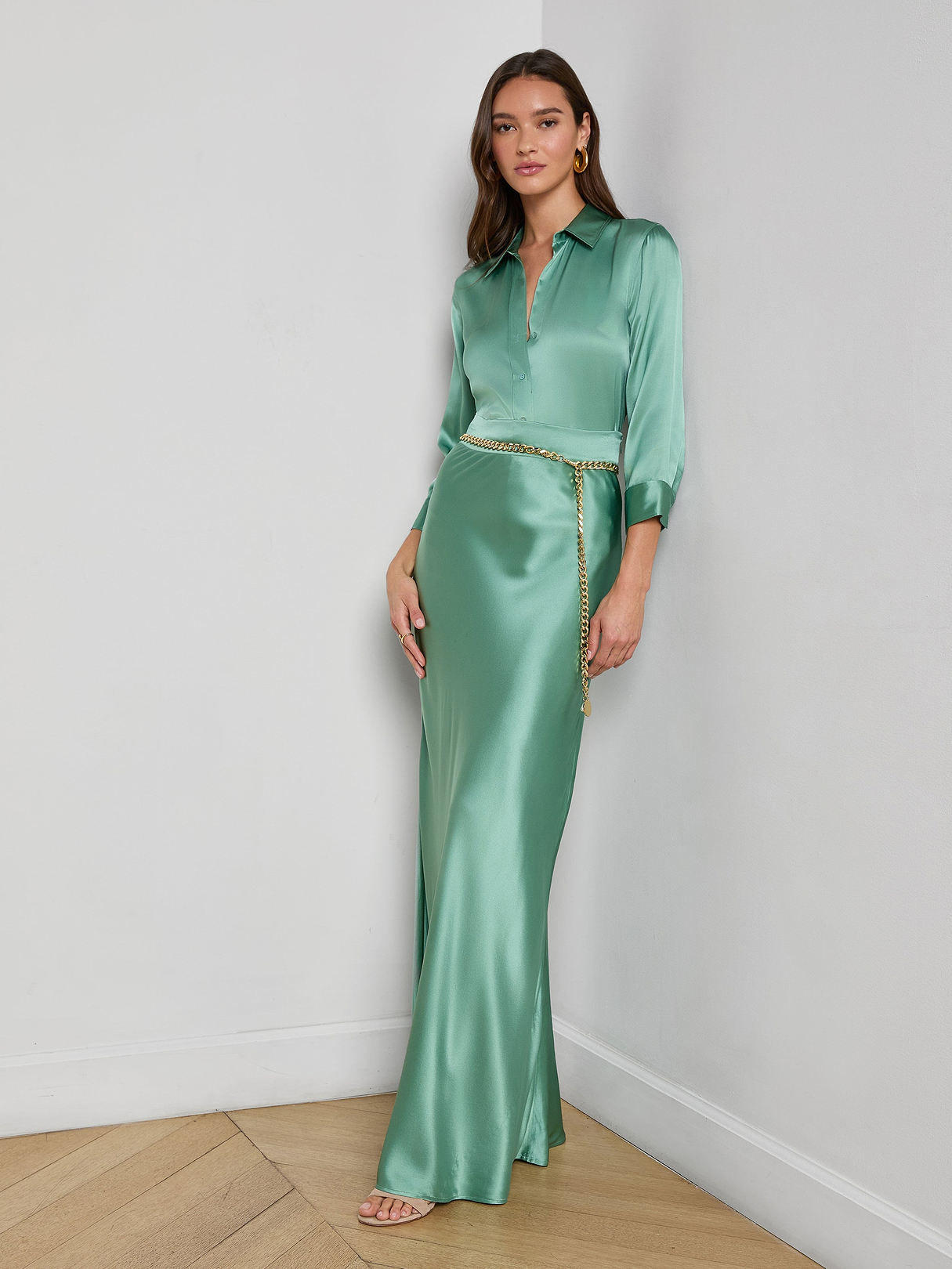 Ryker Silk Maxi Skirt in Malachite Green | L'AGENCE