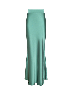 The Ryker Silk Maxi Skirt is a high-waisted jade green satin maxi with a subtle flared hem, shown against a white background.