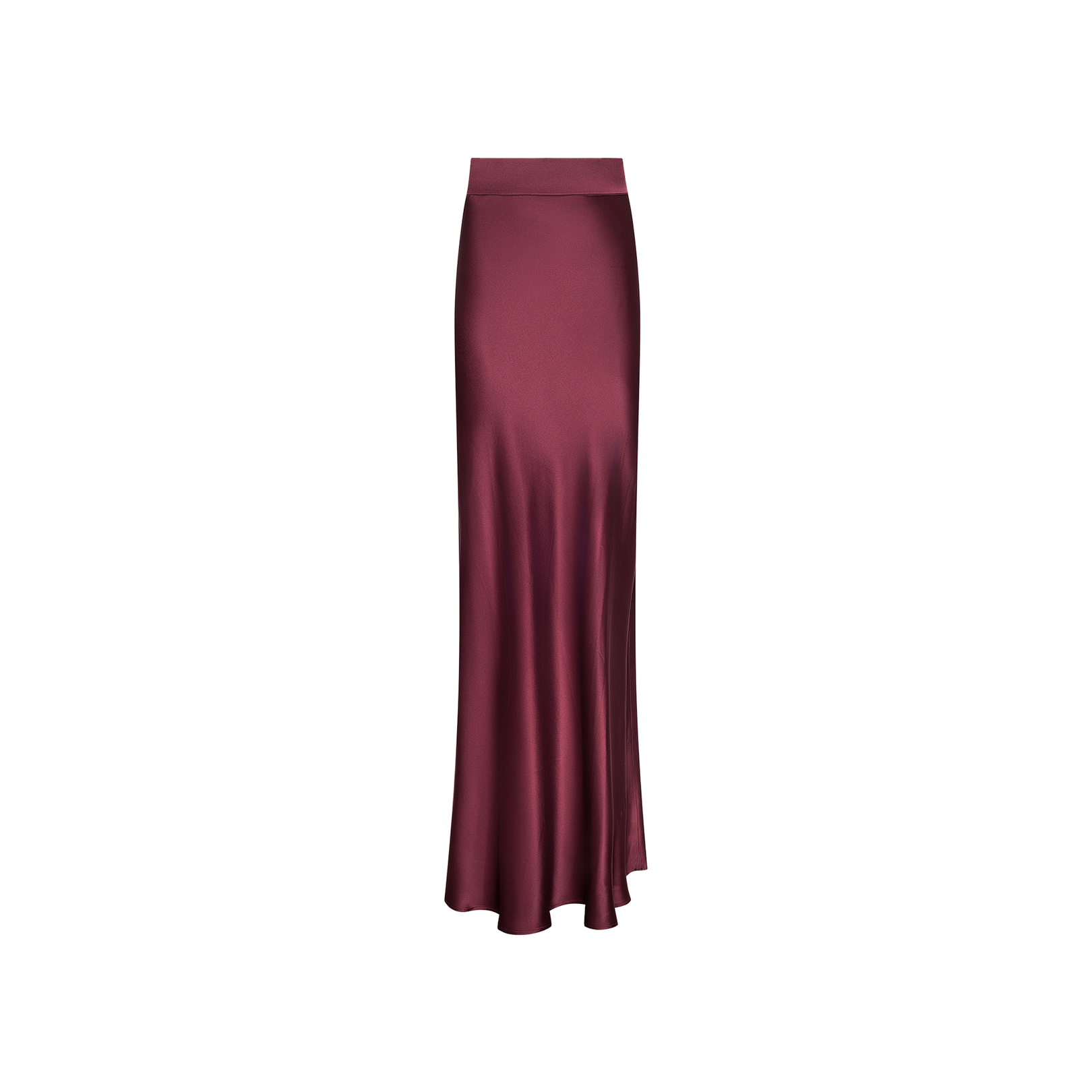 The Ryker Silk Maxi Skirt is a long, high-waisted maxi skirt in deep merlot red satin, featuring a bias cut and a slight flare at the hem, set against a white background.