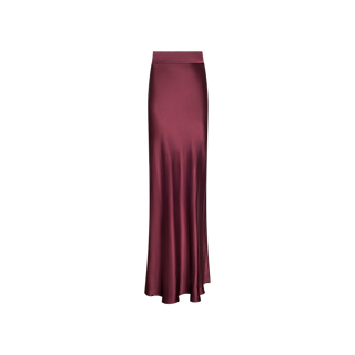 The Ryker Silk Maxi Skirt is a long, high-waisted maxi skirt crafted from luxurious silk in merlot red, featuring a subtle bias cut and a slight flare at the hem, shown against a plain white background.