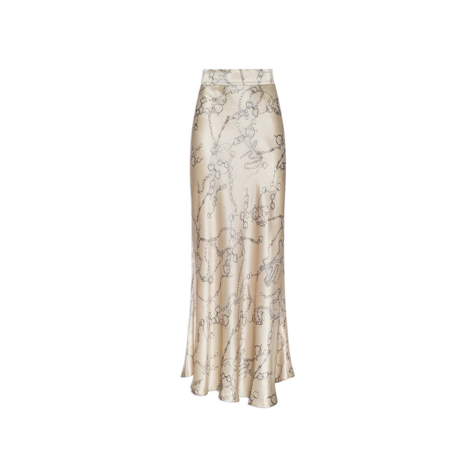 The Ryker Silk Maxi Skirt, a long, high-waisted cream satin piece adorned with a delicate floral pattern, embodies minimalist sophistication and is displayed on a plain white background.
