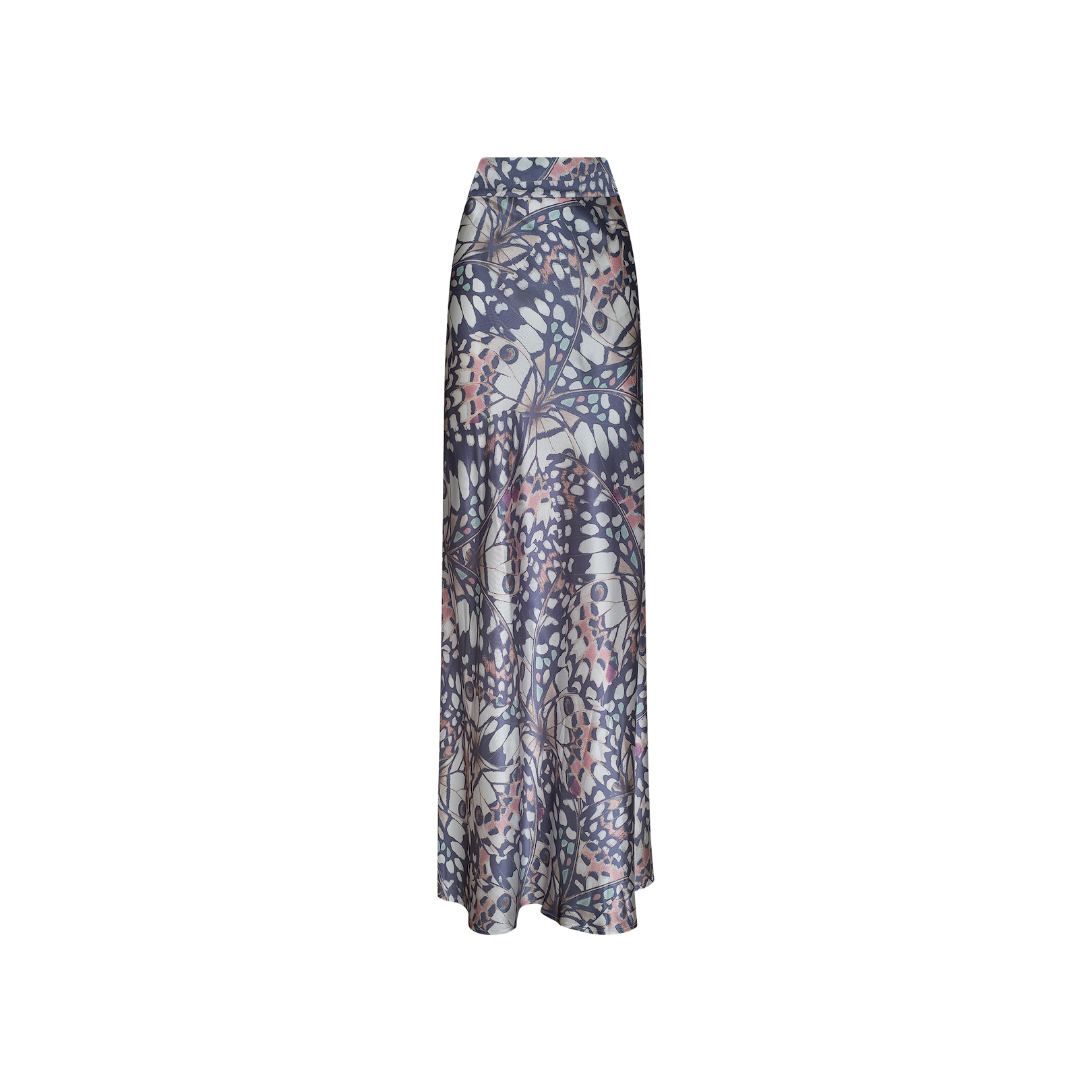 The Ryker Silk Maxi Skirt, a long and flowy pure silk maxi skirt featuring a high waist and a vibrant, intricate floral and leaf pattern in shades of blue, pink, and gray, is displayed on a plain white background.