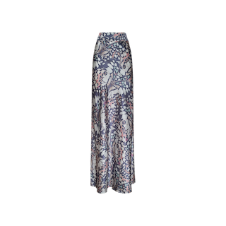 The Ryker Silk Maxi Skirt is a long, flowy pure silk maxi skirt with a high waist, adorned with a blue, pink, and cream botanical leaf pattern on a silver background reminiscent of butterfly wings. This luxurious silk charmeuse piece is beautifully displayed on a plain white surface.