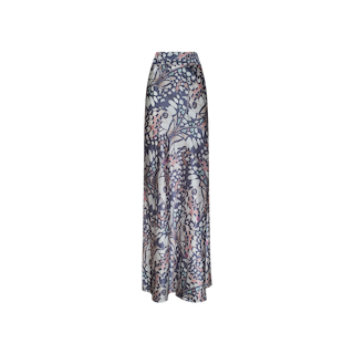 The Ryker Silk Maxi Skirt is a long, high-waisted pure silk maxi skirt with a flowy silhouette, showcasing a blue, pink, and beige floral and leaf pattern on smooth fabric, displayed against a plain white background.