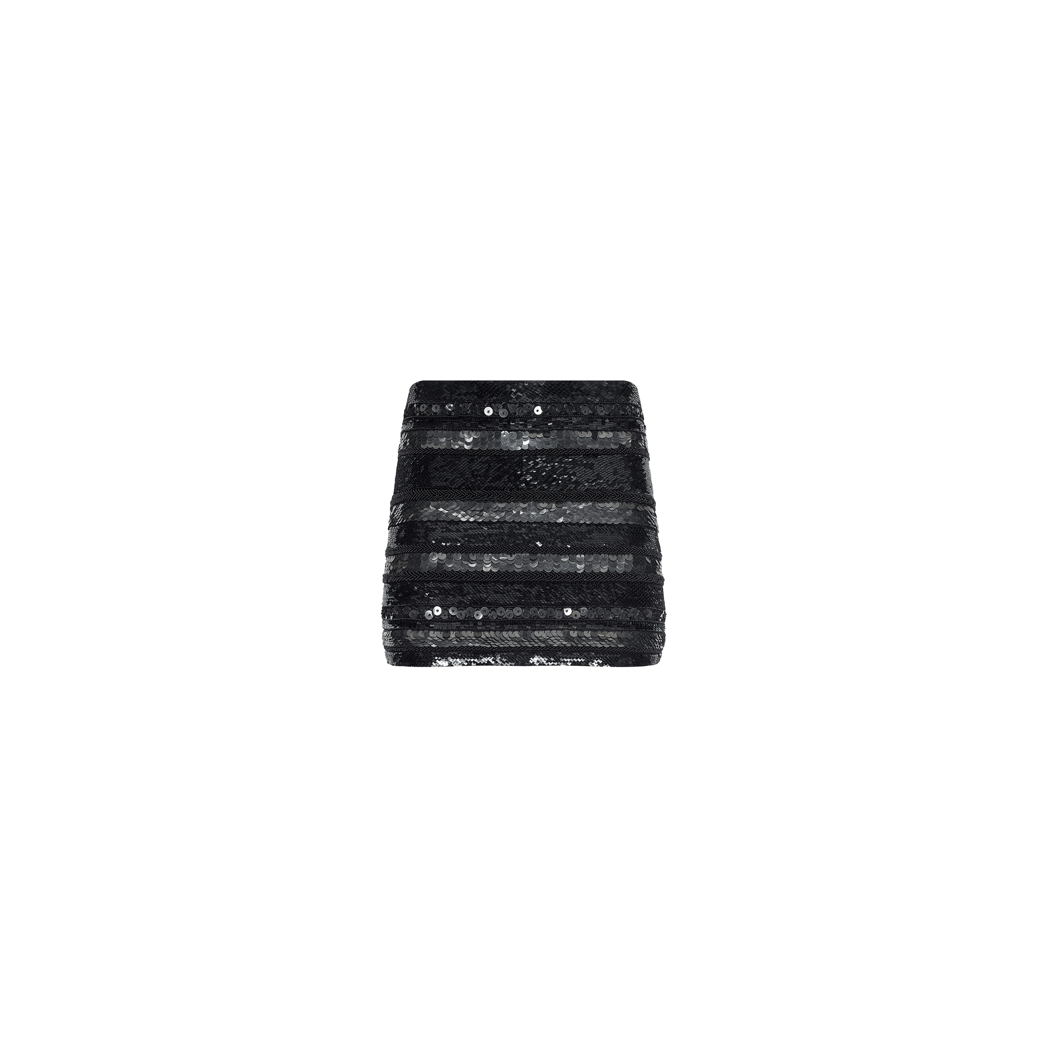 Presenting the Dion Sequin Mini Skirt in black—a statement mini skirt adorned with horizontal sequin stripes and a textured, slightly sheer design. The skirt is showcased against a plain white background.
