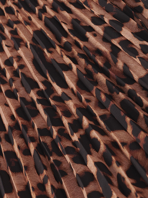 Close-up of the L'AGENCE Torin Pleated Maxi Skirt, crafted in poly chiffon with a brown and black leopard print pattern.