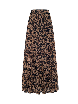 The L'AGENCE Torin Pleated Maxi Skirt features a high-waisted, ankle-length silhouette in brown and black leopard print poly chiffon, with elegant pleats, shown against a white background.