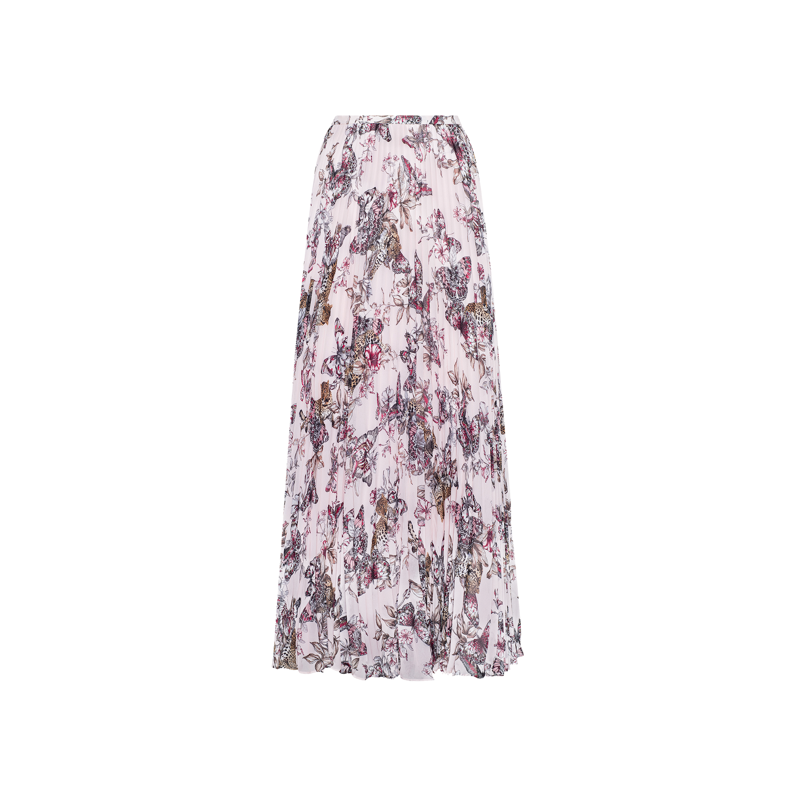 The Torin Pleated Maxi Skirt features a long, flowy silhouette crafted from airy poly chiffon, showcasing a light pink base adorned with an abstract floral pattern in purple, brown, and black tones. It is displayed against a white background.