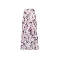 The Torin Pleated Maxi Skirt features a long, flowy silhouette crafted from airy poly chiffon, showcasing a light pink base adorned with an abstract floral pattern in purple, brown, and black tones. It is displayed against a white background.