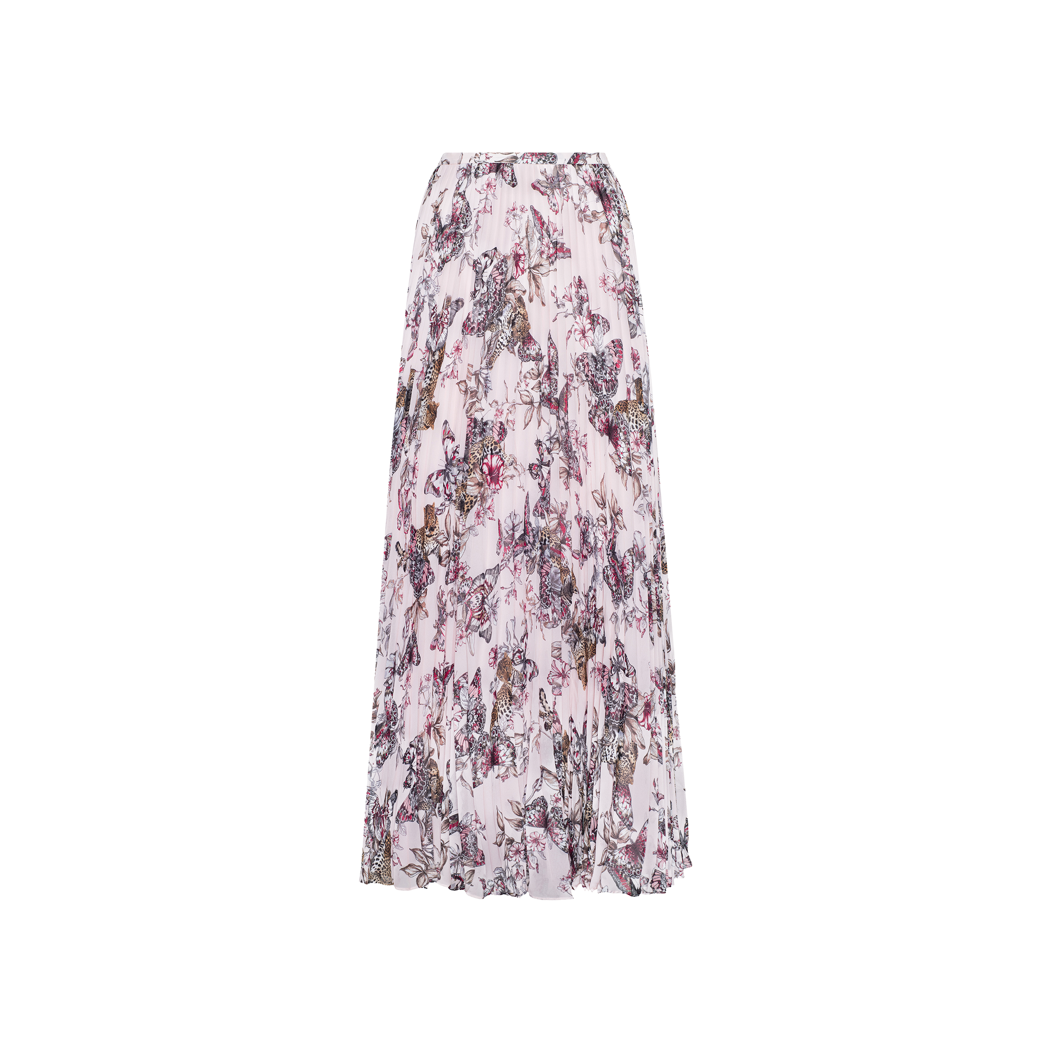 The Torin Pleated Maxi Skirt features a long, flowy silhouette crafted from airy poly chiffon, showcasing a light pink base adorned with an abstract floral pattern in purple, brown, and black tones. It is displayed against a white background.
