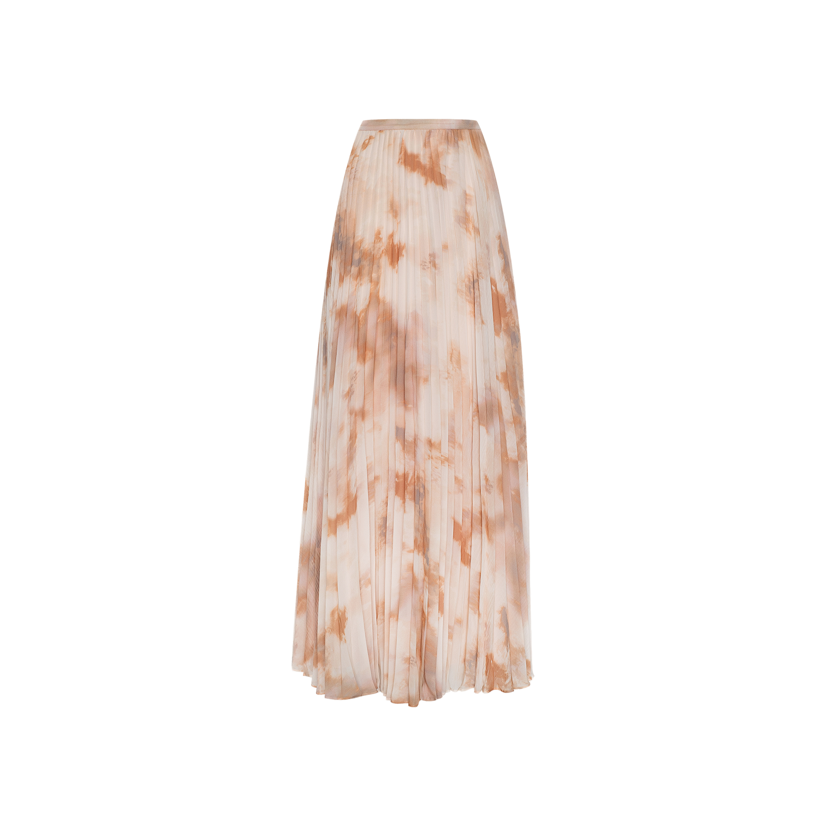 The Torin Pleated Maxi Skirt is a high-waisted, lightweight poly chiffon maxi skirt with pleats and a light beige and brown tie-dye pattern, shown against a plain white background.